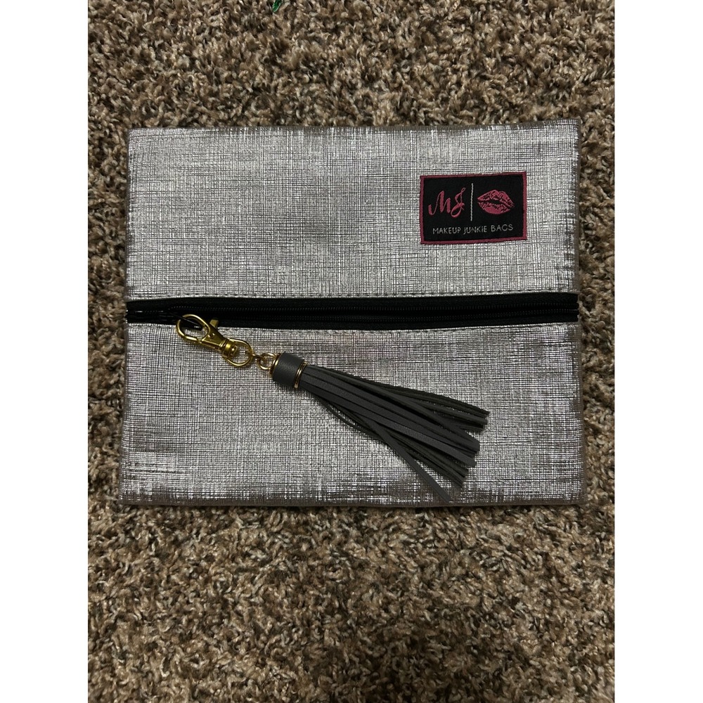 Makeup Junkie Bag Metallic Silver Textured Tassel Pouch Cosmetic Travel Clutch
